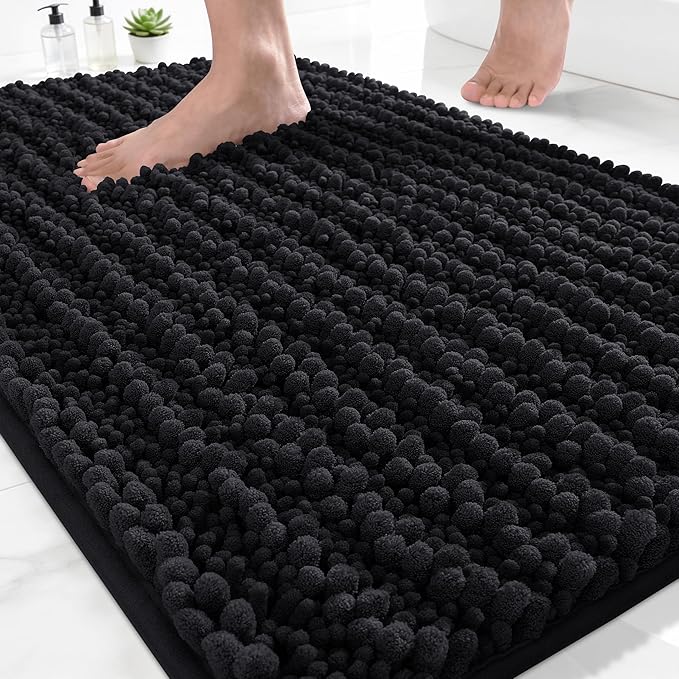 Yimobra Bathroom Rugs Non Slip Washable - Ultra Soft Absorbent Chenille Bath Mat, Quick Dry Shaggy Floor Carpet for Tub Shower, Black Home Decor Accessories, 24x17 Inch