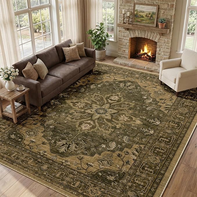 RELEANY Area Rugs Large 10'x12' Washable Non-Slip, Floral Vintage Distress Medallion Carpet for Living Room Bedroom Dining Room, Brown Dark Brown