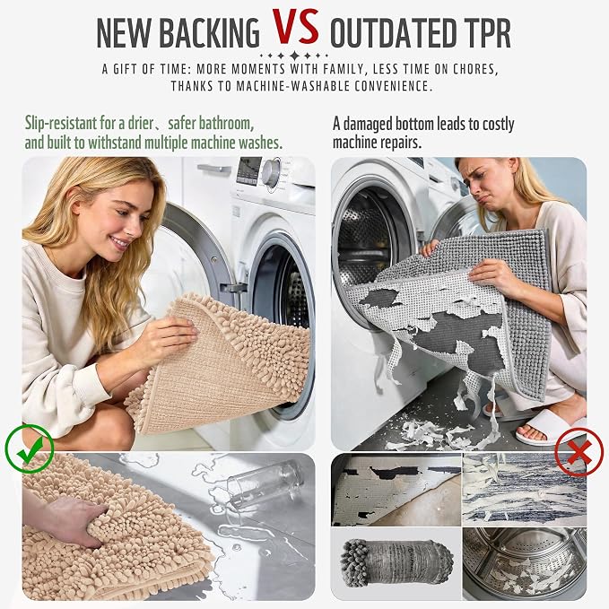 Yimobra Bathroom Rugs Non Slip Washable 32x20 Inch - Ultra Soft Absorbent Chenille Bath Mat, Quick Dry Shaggy Floor Carpet for Tub Shower, Light Brown Home Decor Accessories