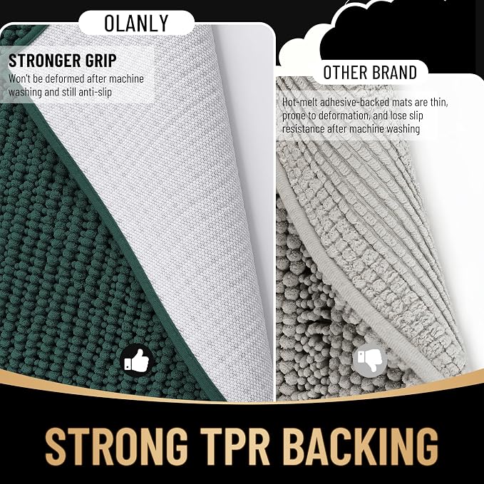 OLANLY Thick Bathroom Rugs 34x21, Extra Soft Absorbent Chenille Bath Rugs, Rubber Backing, Machine Wash Dry, Bath Mats for Bathroom Floor, Tub and Shower, Home Decor Accessories, Blackish Green