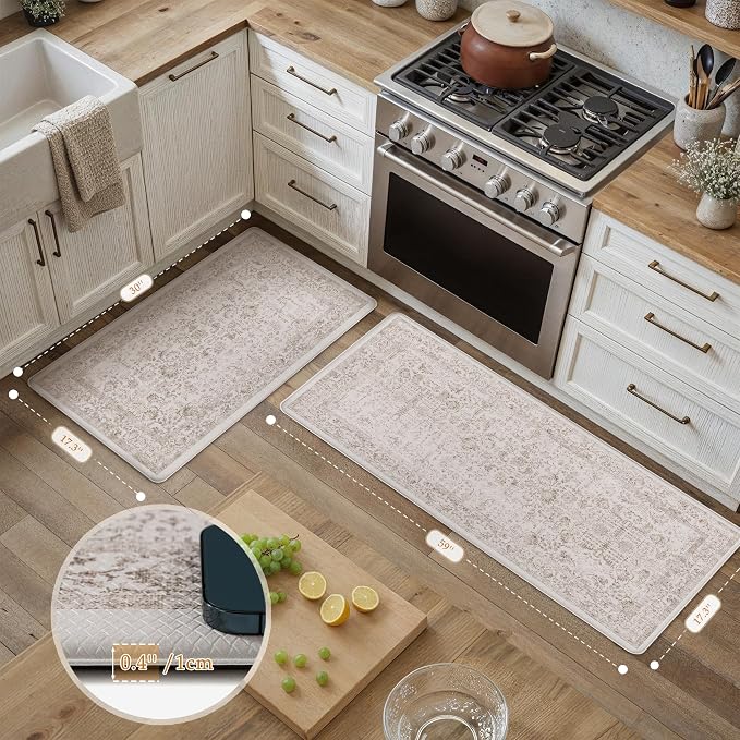 PureCozy Kitchen Mats 2PCS Anti Fatigue Cushioned Mat Light Brown Vintage Kitchen Mats for Floor Waterproof Non Slip Comfort Standing Retro Floral Rug for Sink Laundry Office 17.3"x59"+17.3"x30"
