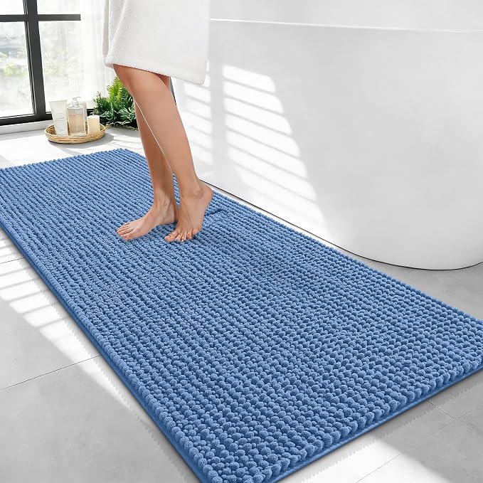 OLANLY Thick Bathroom Runner Rugs 44x24, Extra Soft Absorbent Chenille Bath Rugs, Rubber Backing, Machine Wash, Long Bath Mats for Bathroom, Tub and Shower, Home Decor Accessories, Cornflower Blue