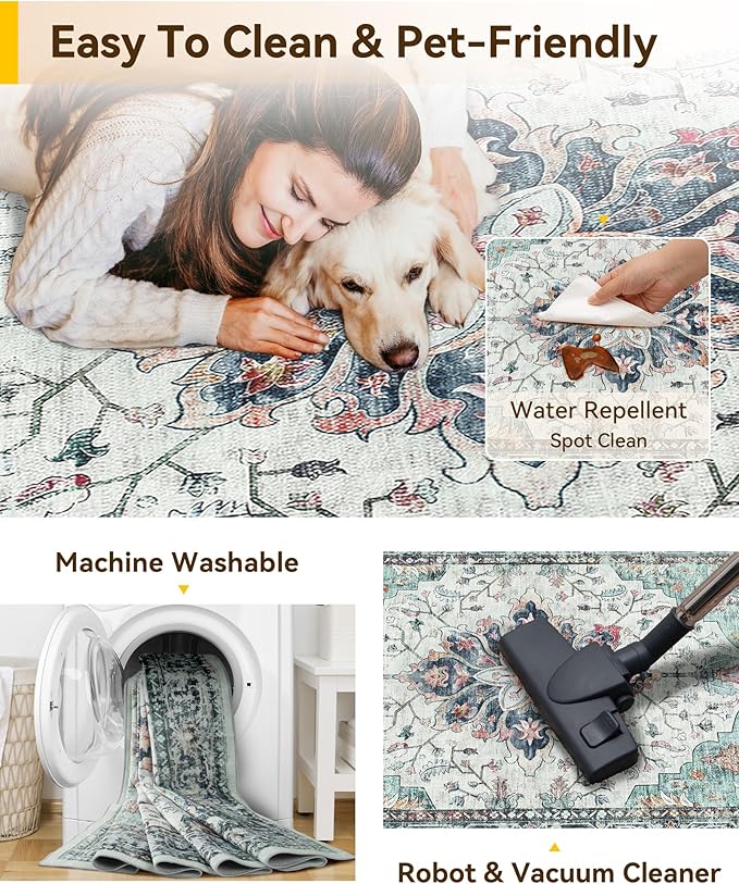 RELEANY Area Rugs Runner 3'x10' Washable Non-Slip, Floral Vintage Distress Medallion Carpet for Kitchen Hallway Bedroom Beside Laundry Room Bathroom, Green Navy Blue White Red Teal