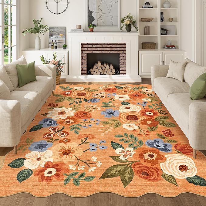 DUKINO 5x7 Area Rug, Floral Washable Rugs for Living Room with Non Slip Backing & Non-Shedding, Lightwight Low Pile Boho Design Large Carpets for Bedroom, Living Room, Dining Room, Orange