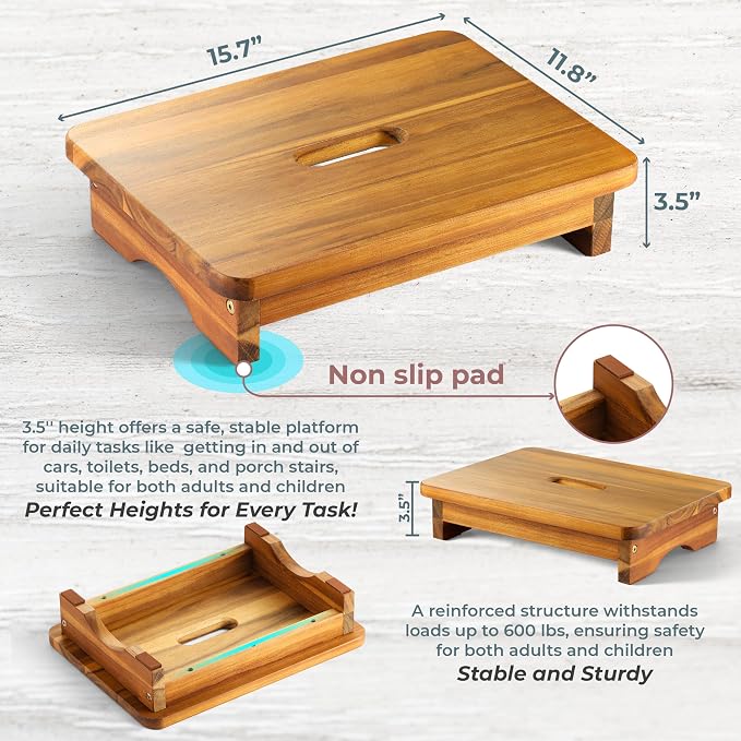 FANATU Wooden Step Stool, 3.5'' One Step Stool for Adults, Wooden Bedside Step with 550 Lbs Load Capacity, Heavy Duty/Portable/Nonslip/Durable Construction for Bedroom/Kitchen