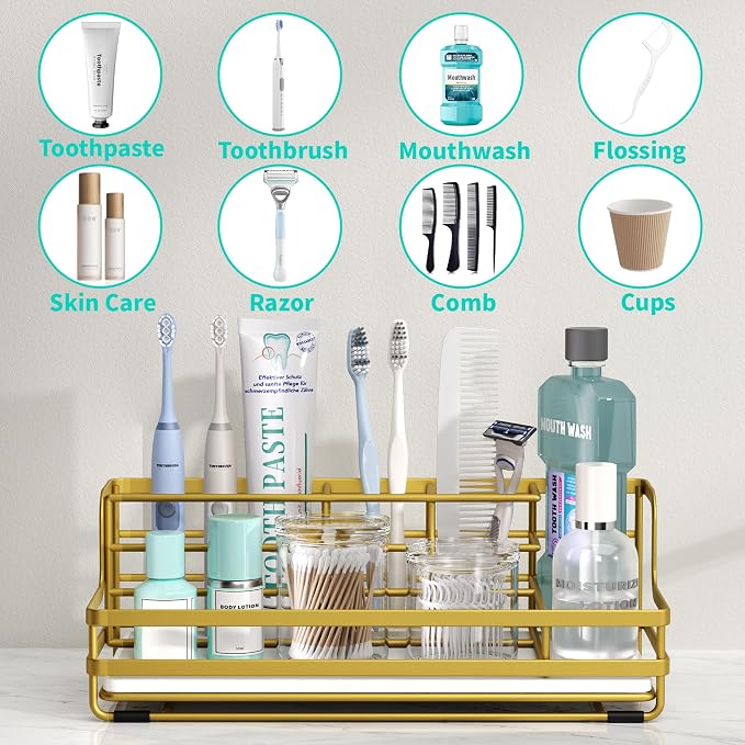 HapiRm Toothbrush Holders for Bathroom - 5 Partitions Bathroom Counter Organizer with Instant Drying Stone, Stainless Steel Countertop Storage Electric Toothbrush Toothpaste Holder - Gold