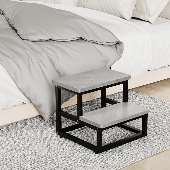 SZLHANJZ Step Stools, Heavy Duty Stepping Stool for Kids Adults, Non-Slip Metal and Wooden 2 Steps Foot Stool for High Beds and Kitchen, Round Corner, 500 Lbs Capacity, Cement Gray