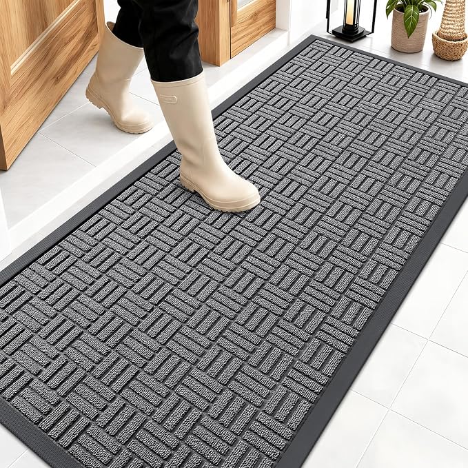 OLANLY Front Door Mat Outside Entrance 59x23, Absorbent, Heavy Duty Sturdy Natural Rubber Doormat Indoor Outdoor, Stain and Fade Resistant, Non-Slip Backing Low Profile Floor Mat for Entryway, Grey