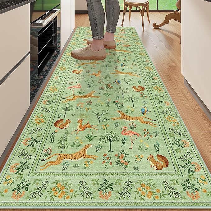 DUKINO 2x6 Rug for Hallway, Washable Kitchen Runner Rug with Non Slip Backing, Soft Low Pile Vintage Animal Runner for Bedroom, Kitchen, Hallway, Entryway, Laundry, Light Green