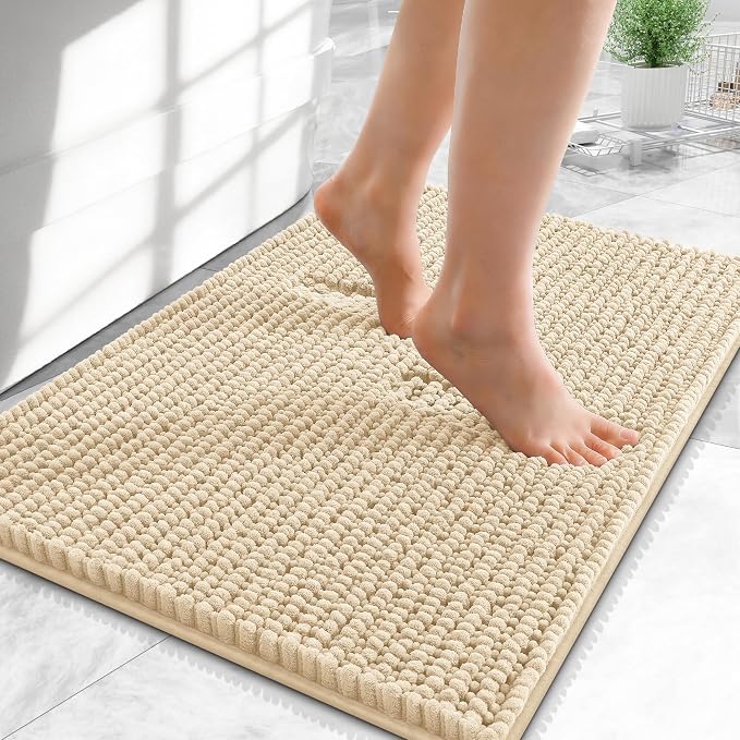 OLANLY Thick Small Bathroom Rugs 24x16, Extra Soft Absorbent Chenille Bath Rugs, Rubber Backing, Machine Wash Dry, Bath Mats for Bathroom Floor, Tub and Shower, Home Decor Accessories, Beige