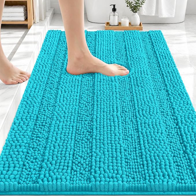 OLANLY Thick Bathroom Rugs 30x20, Extra Soft Absorbent Chenille Striped Bath Rugs, Rubber Backing, Machine Wash Dry, Bath Mats for Bathroom Floor, Tub and Shower, Home Decor Accessories, Aqua Sky