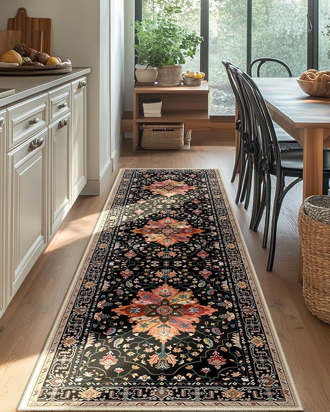 RELEANY Area Rugs Runner 2'x8' Washable Non-Slip, Floral Vintage Distress Medallion Carpet for Kitchen Hallway Bedroom Beside Laundry Room Bathroom, Black Colorful Floral Dark Tan