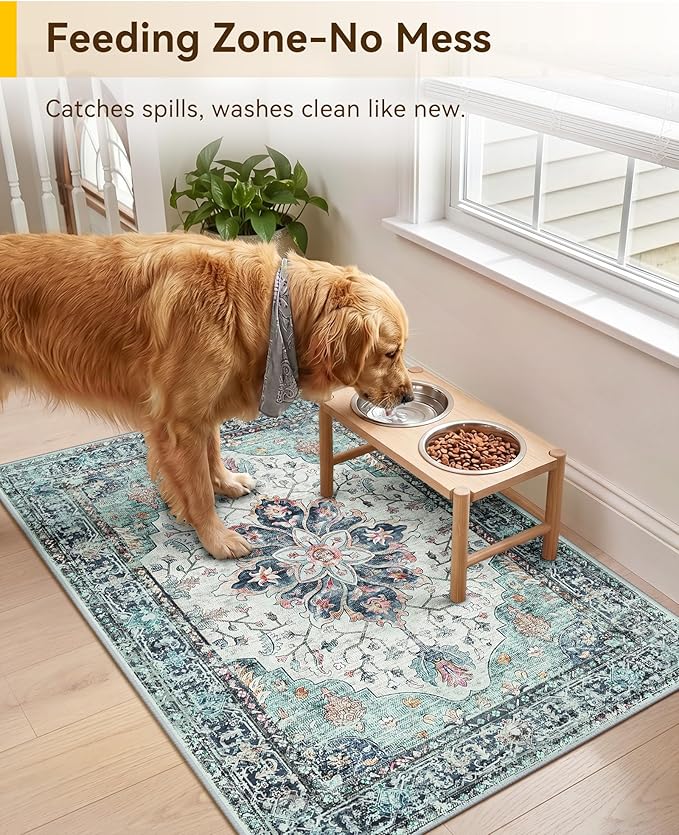 RELEANY Area Rugs Small 2'x3' Washable Non-Slip, Floral Vintage Distress Medallion Carpet for Kitchen Entryway Bathroom, Green Navy Blue White Red Teal