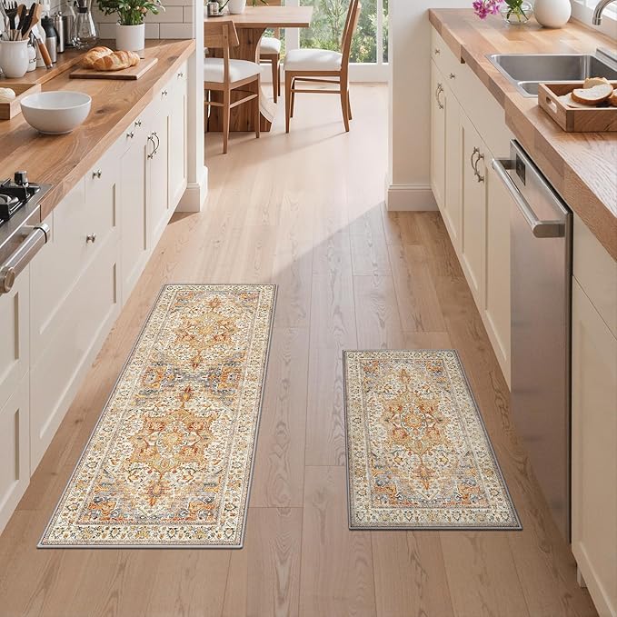 GENIMO Kitchen Rugs Non Slip Washable, 2PCS Kitchen Mats for Floor, Cushioned Standing Mat, Kitchen Runner Rug Floor Mat for Kitchen Decor, Laundry, Sink, Home, 20"x32"+20"x48", Orange&Brown