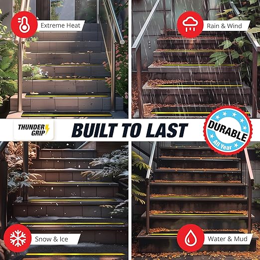 Reflective Grip Tape for Stairs 30" x 6" - 15-Pack Outdoor Stair Treads Non-Slip Weather Resistant - Anti Slip Tape for Exterior Wooden Steps - Waterproof 80-Grit Adhesive Treads by Thunder Grip