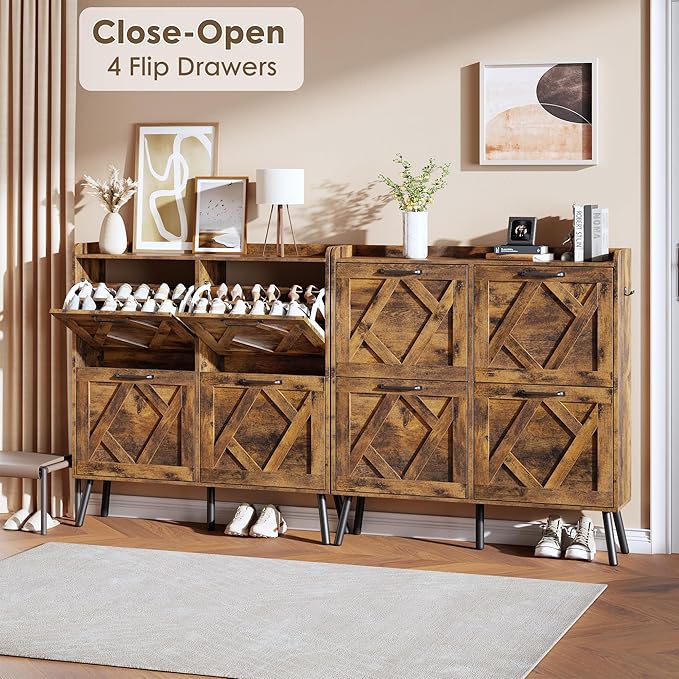 Nicetree Shoe Cabinet Storage for Entryway, Freestanding Shoe Storage Cabinet, Farmhouse Narrow Shoe Rack Cabinet for Entryway, Foyer, Hallway, Shoe Cabinet 4 Flip Drawers, Rustic Brown