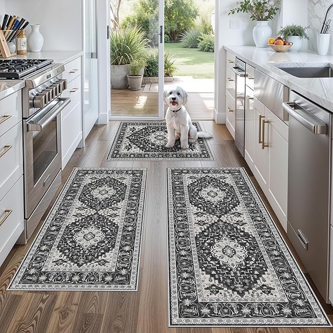 3-Piece Non-Slip Machine Washable Kitchen Rug Set with Runner – Soft Low Pile Thin Boho Kitchen Rugs for Hardwood Floor, Sink & Entryway, Pet-Friendly (Dark Grey, 2x3,2x4,2x5)