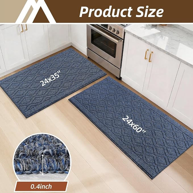 COSY HOMEER Kitchen Rugs Sets 2PCS,Non-Slip Washable Kitchen Mats for Floor,Absorbent and Stain Resistant Kitchen Runner Rugs for Kitchen Sink Laundry Entryway,24"x35"+24"x60",Heather Blue