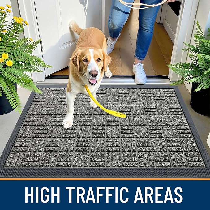 OLANLY Front Door Mat Outside Entrance 71x23, Absorbent, Heavy Duty Sturdy Natural Rubber Doormat Indoor Outdoor, Non-Slip, Stain and Fade Resistant, Low Profile Floor Mat for Entryway, Modern Gray
