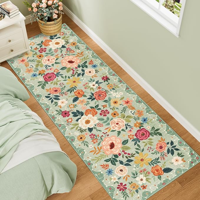 DUKINO 2x6 Kitchen Runner Rug for Hallway, Washable Runner Rug with Non Slip Backing, Low Pile Soft Boho Spring Floral Carpet for Kitchen, Hallway, Entryway, Laundry, Bedroom, Green