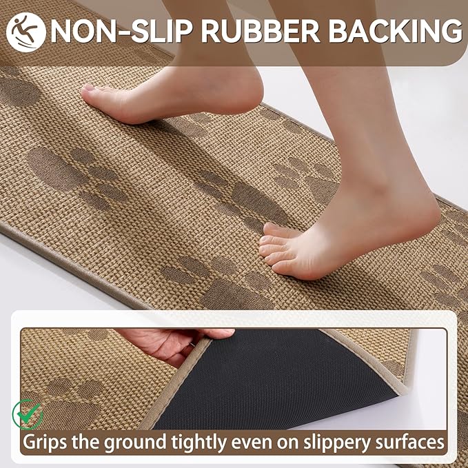 YDKGL Kitchen Mats for Floor, Super Absorbent Kitchen Rugs Non Slip Washable, Rubber Backing Soft Woven Linen Embroidery Runner Rug, Standing Mat Kitchen Sink Mat, Easy to Clean, Brown 17x47