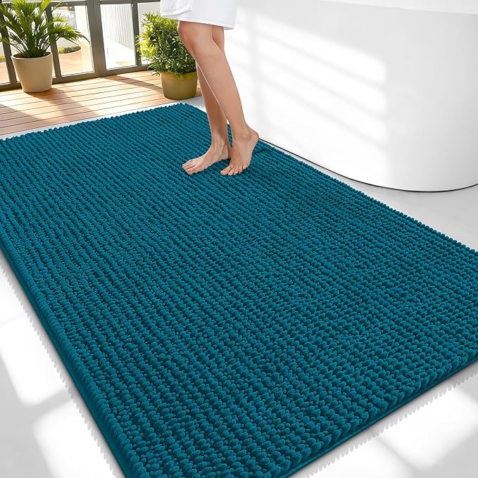 OLANLY Thick Large Bathroom Rugs 59x35, Extra Soft Absorbent Chenille Bath Rugs, Rubber Backing, Machine Wash Dry, Bath Mats for Bathroom Floor, Tub and Shower, Home Decor Accessories, Peacock Blue