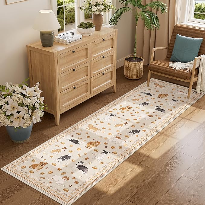 DUKINO 2.6x8 Washable Runner Rug for Hallway, Non Slip Animal Dog Kitchen Rug with Low Pile Design, Soft Stain Resistant Indoor Carpert Runner for Entryway, Bedroom, Laundry, Bathroom, Beige Yellow