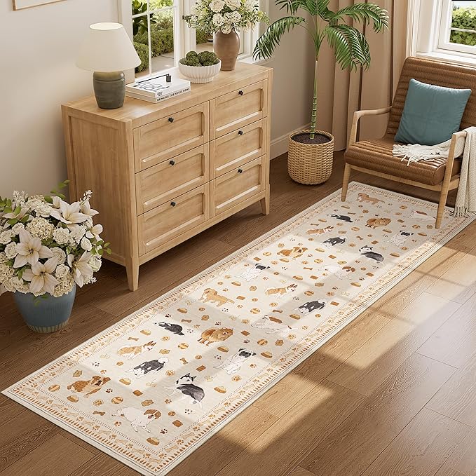 DUKINO 2x10 Runner Rug for Hallway, Washable Animal Dog Print Kitchen Rug with Low Pile, Soft Non Slip Indoor Non Shedding Long Carpet Runner for Entryway, Bedroom, Bathroom, Laundry, Beige Yellow