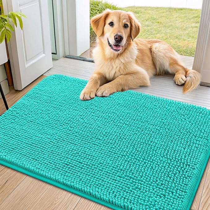 Smiry Dog Door Mat for Muddy Paws 36x24, Absorbent Dirt Trapper, Non-Slip Washable Chenille Entryway Rug for Inside Floor, Teal, Classic Solid