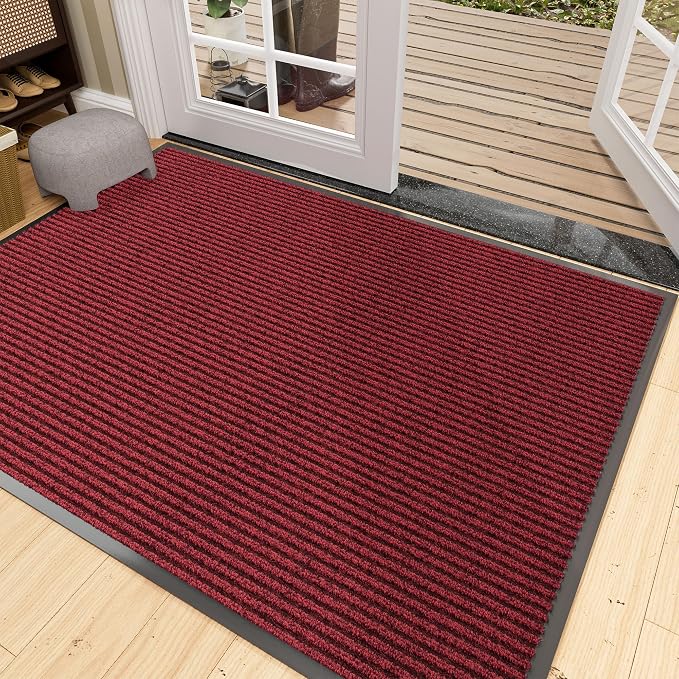 Indoor Outdoor Door Mat, 4' x 3' Doormat for Entryway, Rubber Backing Non Slip Front Door Mat Outside Entrance, Super Absorbent Commercial Floor Mat for Home Office, Red