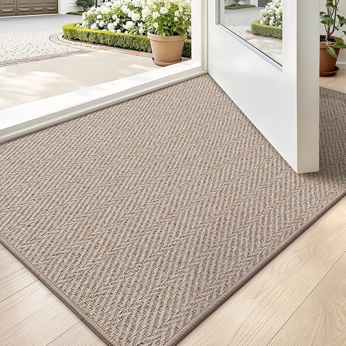 LUMI Ultra Thin Indoor Door Mat for Entrance 24"x36", Non Slip Entryway Mat, Low Profile Doormat, Unique Herringbone Design Carpet for Inside, Patio, Porch, Deep Beige