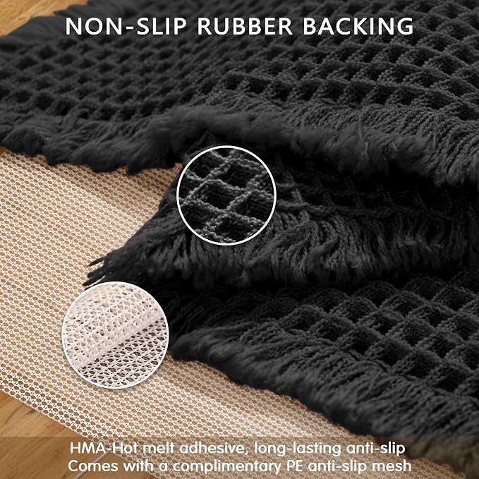 SUBRTEX Waffle Braided Bath Mat, 24" x 55" Soft Waffle Bath Rugs, Absorbent Non Slip Bathrooom Mats, Machine Washable Area Rug for Bathroom, Quick Dry, Black