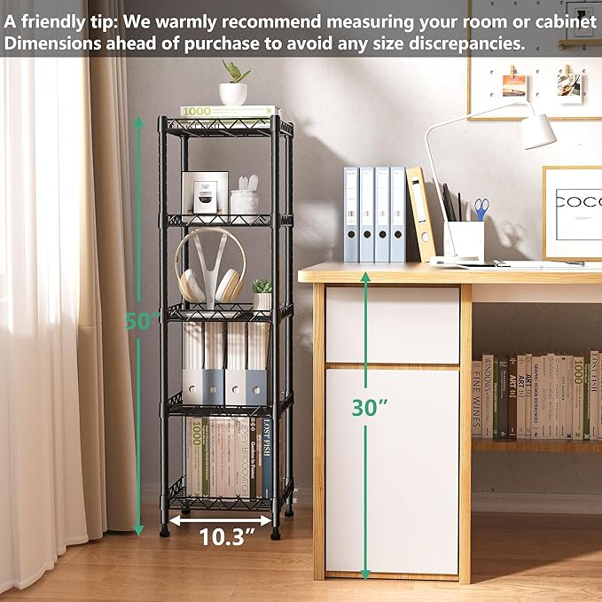 GIOTORENT 5 Tier Standing Shelving Metal Units, Adjustable Height Wire Shelf Display Rack for Laundry Bathroom Kitchen 11.8 W x 11.8 D x 50 H (5-Tier, Black)