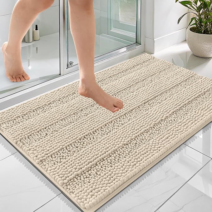 OLANLY Thick Bathroom Rugs 36x24, Extra Soft Absorbent Chenille Striped Bath Rugs, Rubber Backing, Machine Wash Dry, Bath Mats for Bathroom Floor, Tub and Shower, Home Decor Accessories, Sand