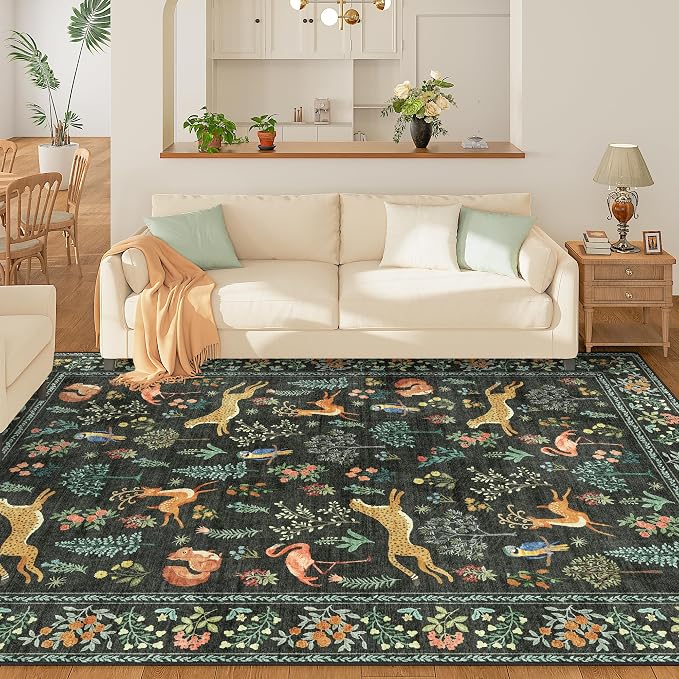 DUKINO 9x12 Rug, Washable Animal Living Room Rug with Non Slip Vintage Design, Soft Low Pile Large Carpet for Bedroom, Nursery, Dining Room, Farmhouse, Playroom, Black