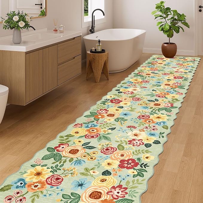 DUKINO Washable 2.6x12 Runner Rug for Hallway, Non Slip Floral Washable Kitchen Rug with Low Pile Design, Boho Stain Resistant Floor Carpet Runner for Entryway, Bathroom, Laundry, Bedroom, Green