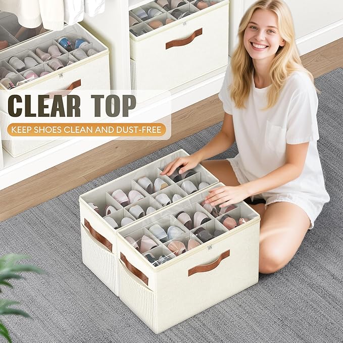 Budding Joy 2 Pack Shoe Organizer for Closet, Clear Foldable Shoe Storage Containers Adjustable Dividers Fits 16 Pairs,Shoe Storage Bins Baskets Boxes with Reinforced Handles Beige