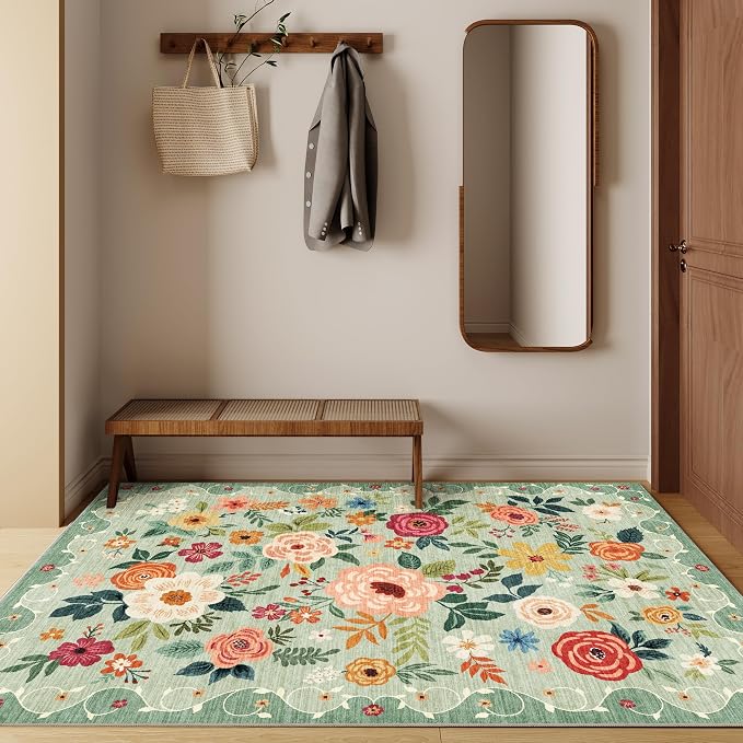 DUKINO 3x5 Area Rug, Floral Rugs for Living Room, Lightweight Non Slip Washable Rug, Indoor Low Pile & Non-Shedding Boho Design Rugs for Bedroom, Living Room, Dining Room, Green