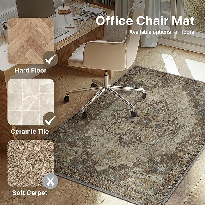 48"x72" Office Chair Mat for Hardwood Tile Floor, Under Desk Carpet Protector for Rolling Computer Chair Mat, Machine Washable Area Rug, Anti-Slip 1/5" Thick Low Pile Thin Vinyl Floor Mat, Brown