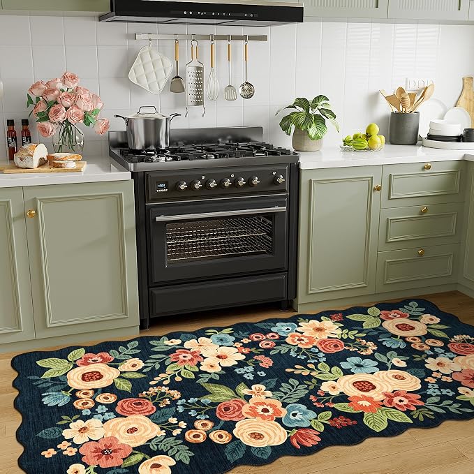 DUKINO 3x6 Washable Runner Rug, Soft Indoor Floral Non Slip Runner Rug for Hallways, Lightweight & Low Pile Floor Carpet for Kitchen, Entryway, Hallway, Bathroom, Laundry, Bedroom, Navy Blue