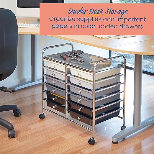 ECR4Kids 12-Drawer Value Mobile Storage Utility Cart, Craft Organizer, Grey Ombre