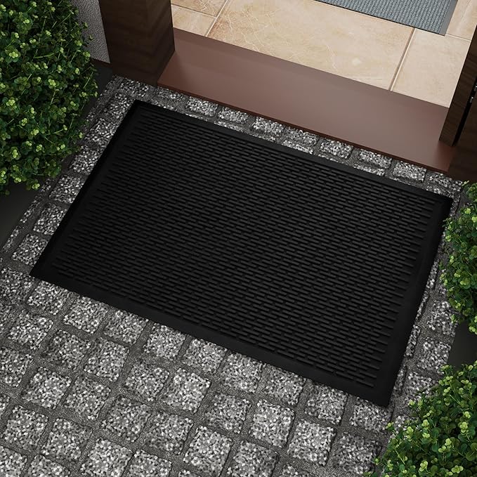 Ottomanson Waterproof Rubber Outdoor Doormat – Heavy-Duty Non-Slip Rubber Floor Mat with Ridge Scraper Pattern, All-Weather Front Door Entry Mat for Mud & Dirt Control – 24" x 36", Black