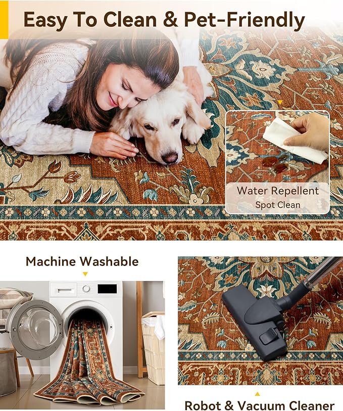 RELEANY Area Rugs Large 10'x14' Washable Non-Slip, Floral Vintage Distress Medallion Carpet for Living Room Bedroom Dining Room, Red Orange Blue Brown