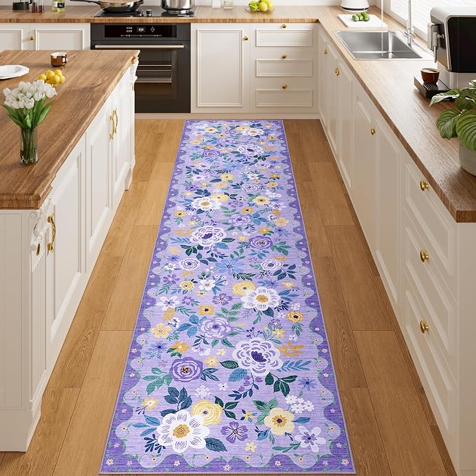 DUKINO 2x8 Runner Rug for Hallway, Washable Kitchen Runner Rug with Rubber Backing Non Slip, Low Pile Soft Boho Floral Thin Carpet for Entryway, Hallway, Bathroom, Laundry Room, Purple