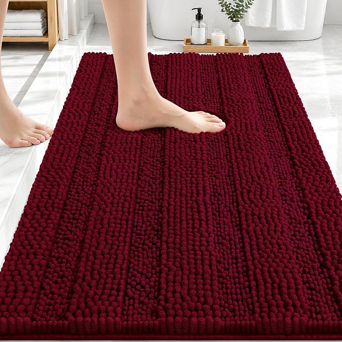 OLANLY Thick Bathroom Rugs 30x20, Extra Soft Absorbent Chenille Striped Bath Rugs, Rubber Backing, Machine Wash Dry, Bath Mats for Bathroom Floor, Tub and Shower, Home Decor Accessories, Burgundy