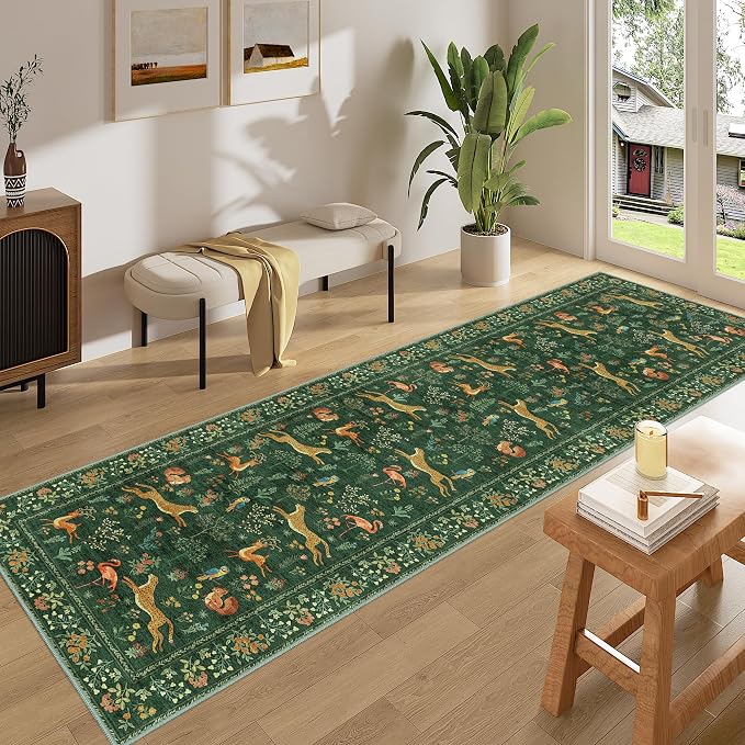 DUKINO Runner Rug, 2x8 Boho Kitchen Rug for Hallways with Low Pile Design, Washable Non Slip Backing Soft Floral Runner for Kitchen, Hallway, Entryway, Bedroom, Laundry, Green