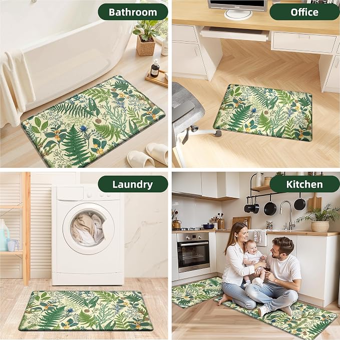 Beige Green Botanical Kitchen Rugs Set of 2 Plant Leaf Anti-Fatigue Kitchen Mat Natural Comfort Standing Waterproof PVC Mats 2/5" Thick Leather Carpet for Laundry Office Sink(17.3" x28" + 17.3" x 47")