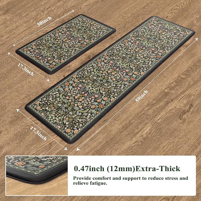 Collive Anti Fatigue Mats for Kitchen Floor, Cushioned Comfort Kitchen Rugs Sets of 2 Waterproof Non Skid Padded Sink Rugs, Boho Floral Rug Black Standing Mat for Office, Laundry