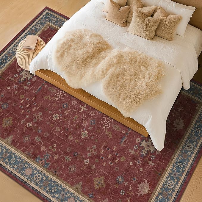 Hazo Haus Oriental 8x12 Large Area Rugs for Living Room - Burgundy Rug for Bedroom Under Bed, Dining Room Under Kitchen Table, Washable Soft Non Slip Unique Indoor Décor