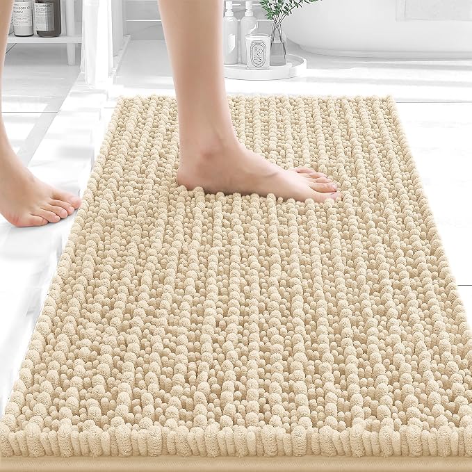 OLANLY Bathroom Rug Mat 24x16, Thick Soft and Absorbent Chenille Bath Mat, Non-Slip Rubber Backing, Machine Washable Quick Dry Bath Rugs for Tub Shower Floor, Home Decor Accessories, Beige